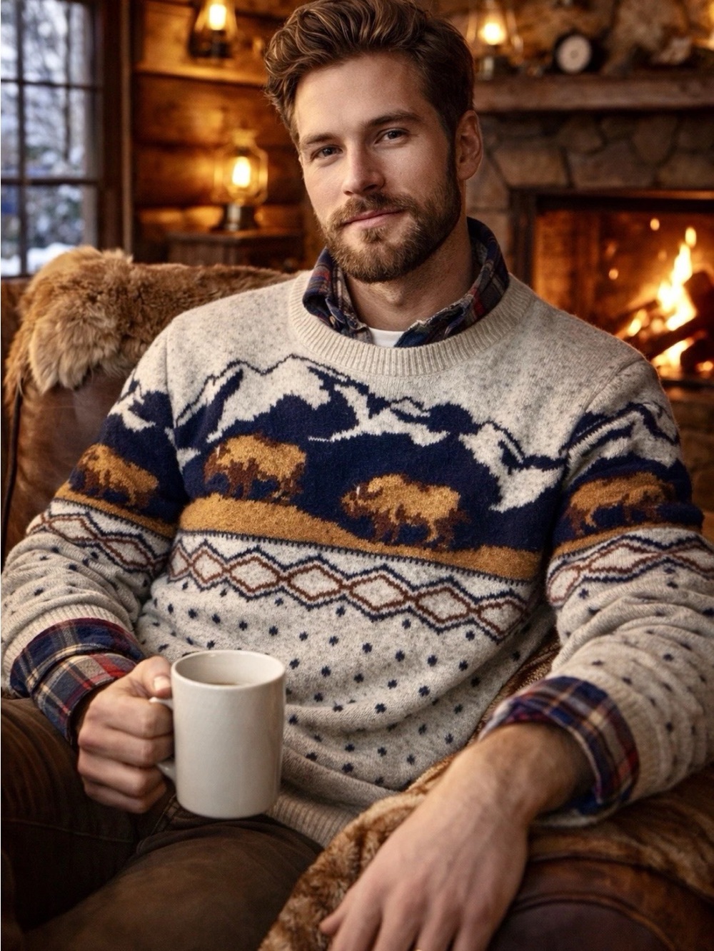 Old Navy Men's SoSoft Crew-Neck Fair Isle   snowy mountains knit bison Sweater L